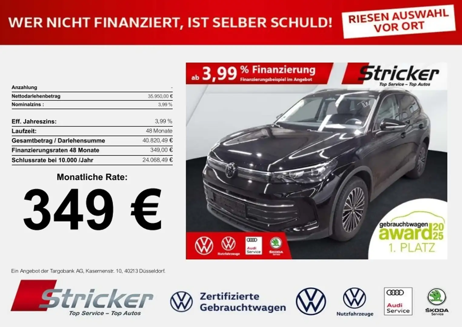 Volkswagen Tiguan Goal 2.0TDI DSG 349,-ohne Anzahlung Navi AHK Kame Schwarz - 1