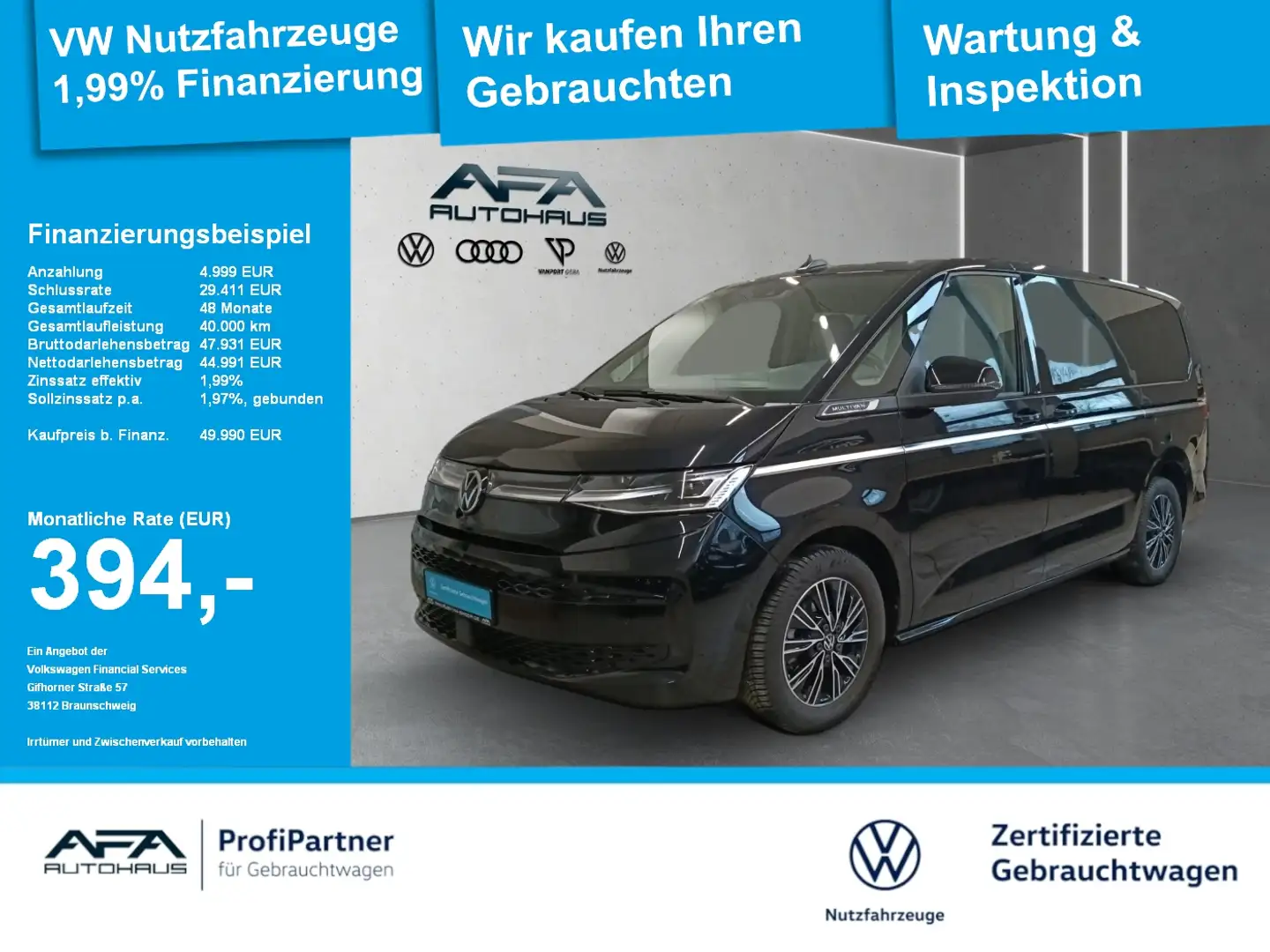 Volkswagen T7 Multivan 2.0TDI STYLE lang DSG LED*NAV*AHK*ACC Zwart - 1