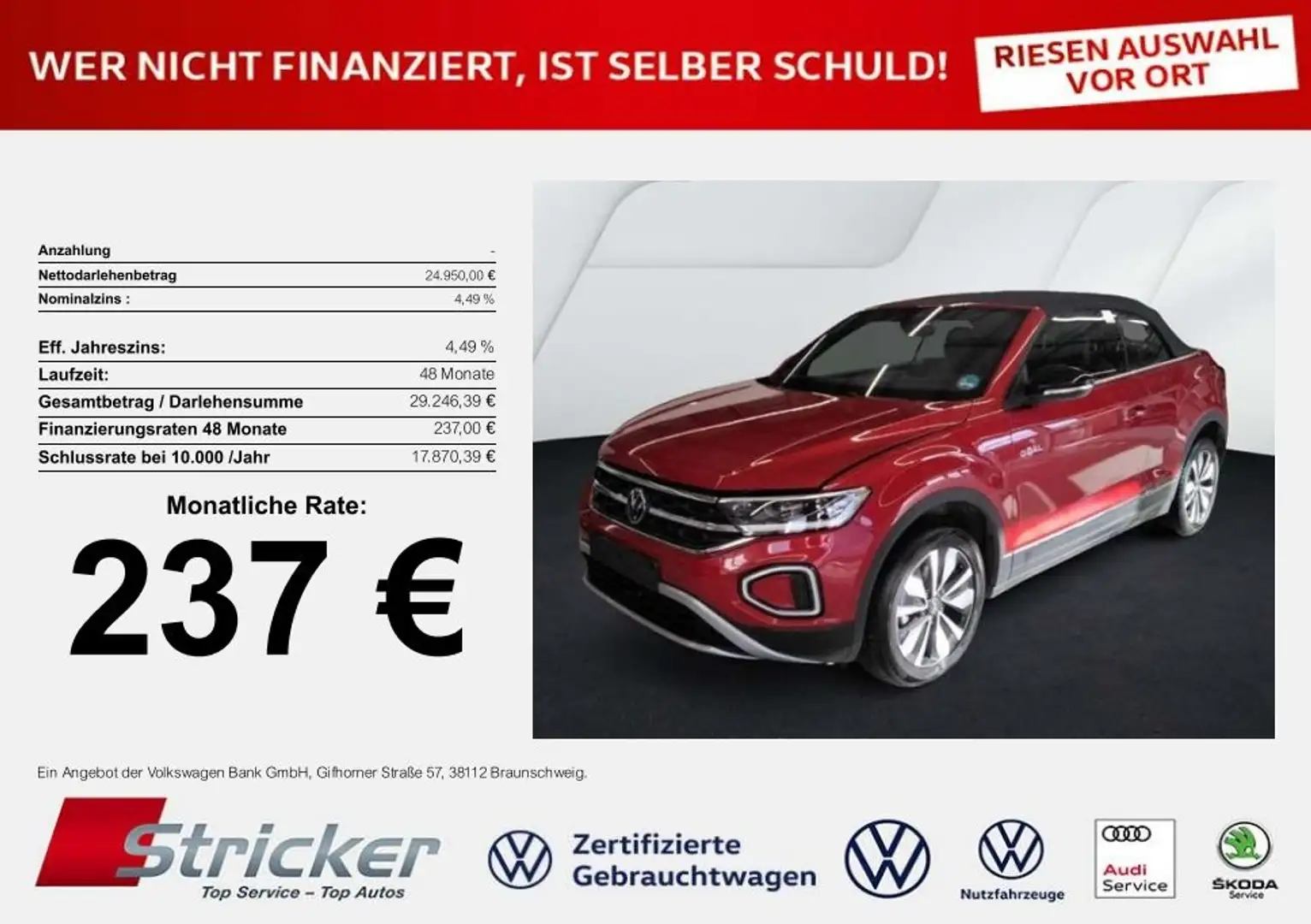 Volkswagen T-Roc Cabriolet GOAL 1.0TSI 239,-ohne Anzahlung Navi Ka Rot - 1