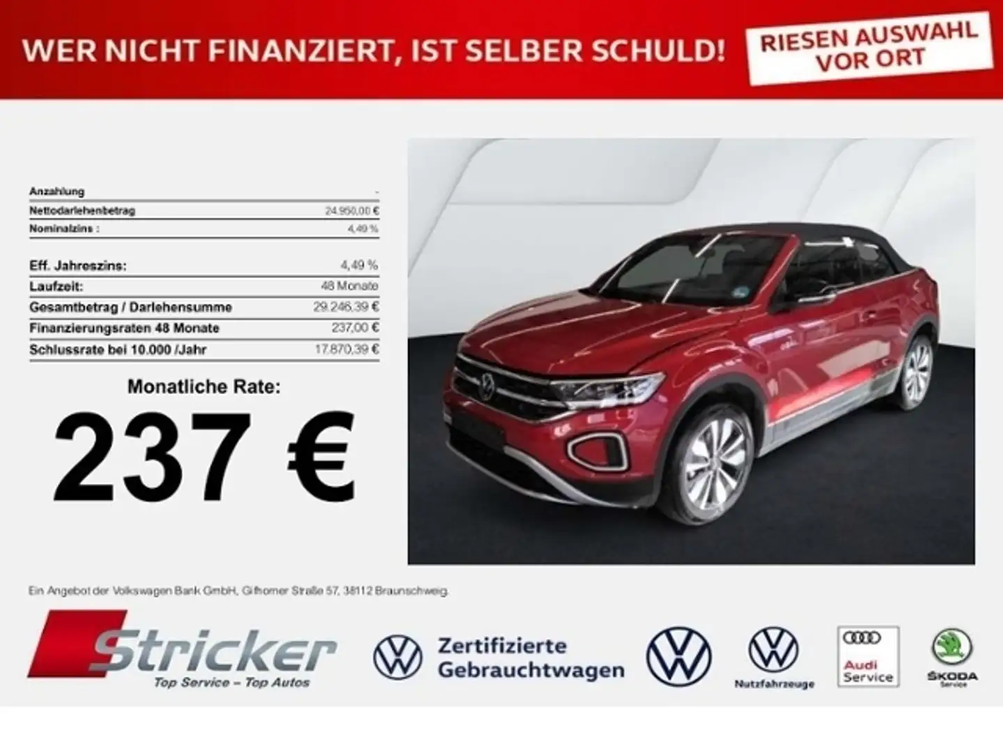 Volkswagen T-Roc Cabriolet GOAL 1.0TSI 239,-ohne Anzahlung Navi Ka Rot - 1