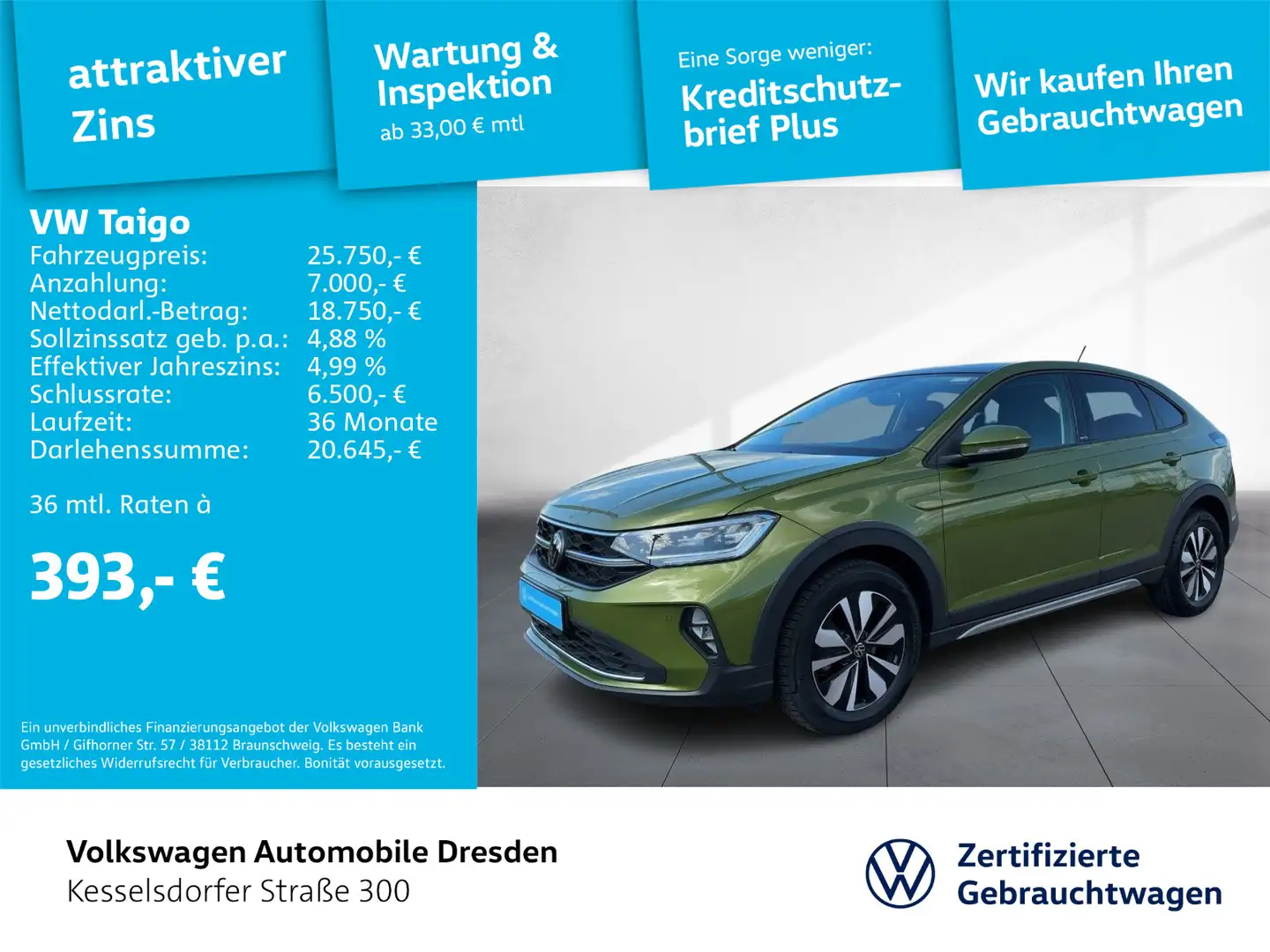 Volkswagen Taigo Life 1.0 TSI OPF 7-Gang-DSG Navi LED Schie Grün - 1