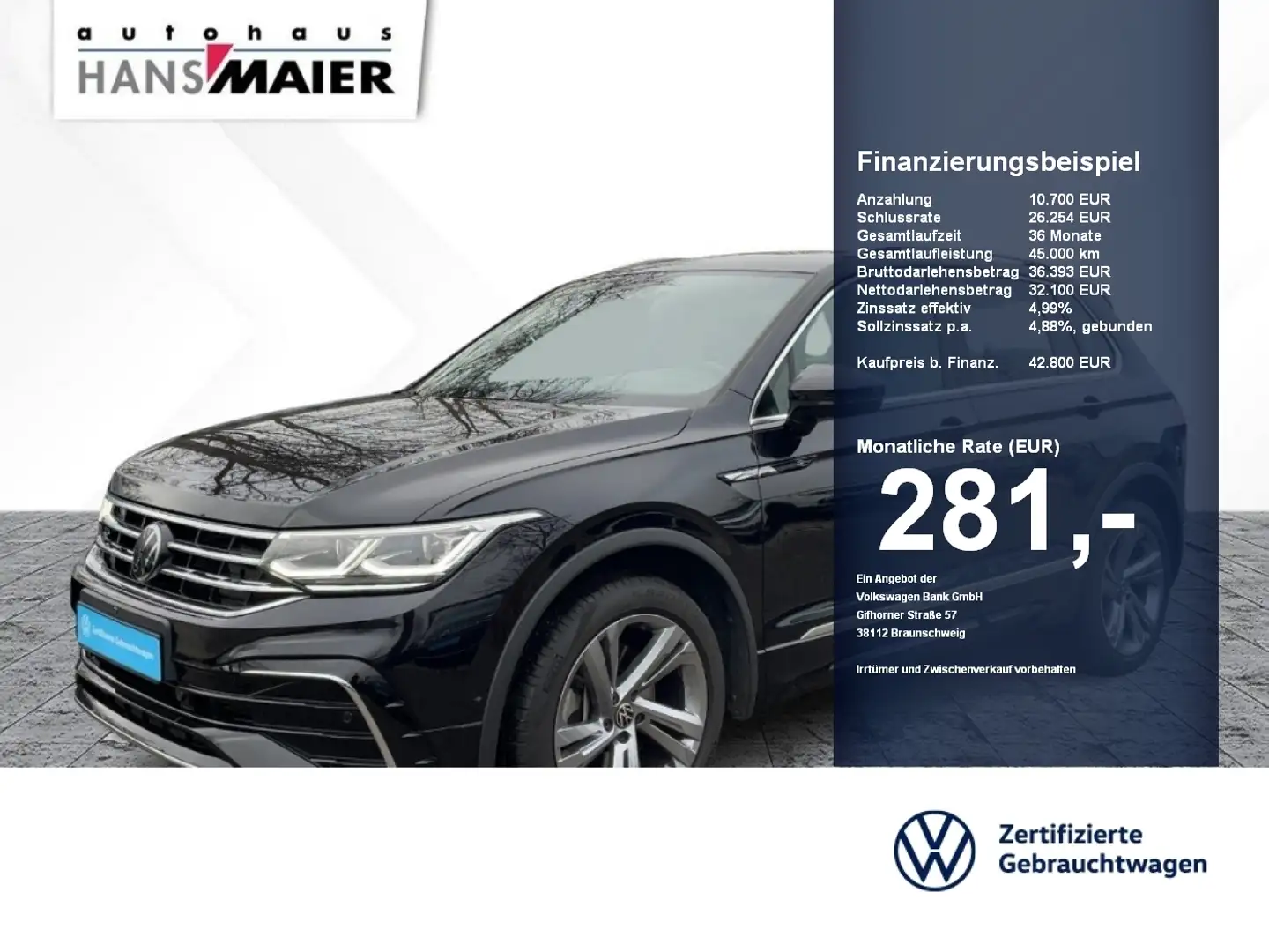 Volkswagen Tiguan R-Line 4Mot. AHK DCC LederMatrix Pano 360 Schwarz - 1