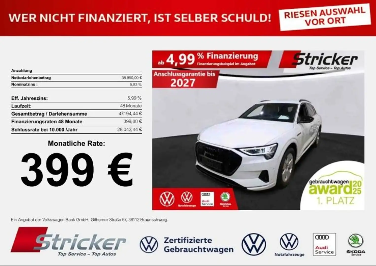 Audi e-tron S-Line 55 399,-ohne Anzahlung Navi AHK Head-Up Weiß - 1