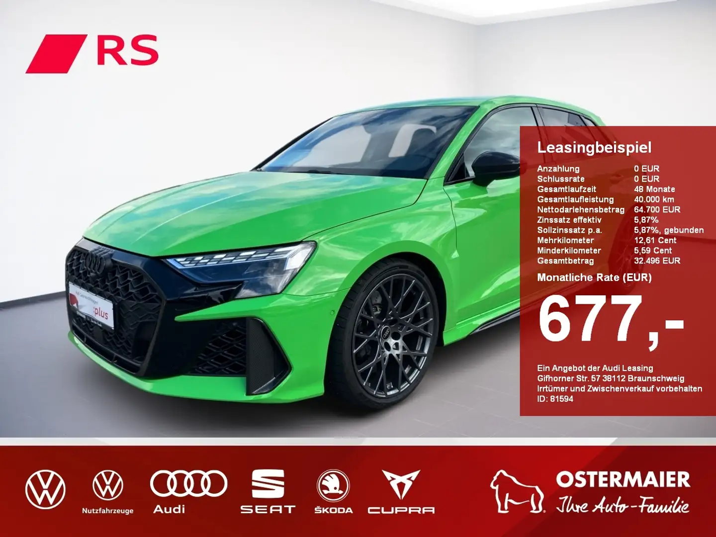 Audi RS3 Sportback 2.5TFSI 400PS S tronic quattro. RS-Schal Grün - 1