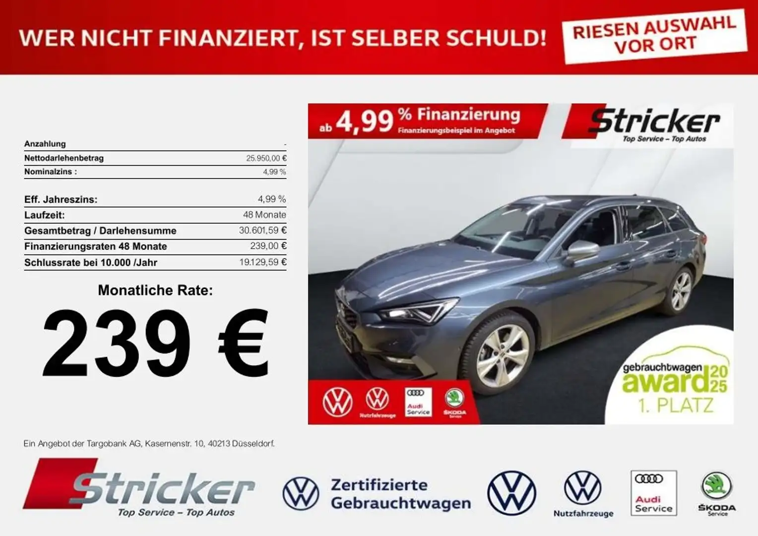 SEAT Leon ST FR-Line 2.0TDI DSG 239,-ohne Anzahlung ACC Kam Grau - 1