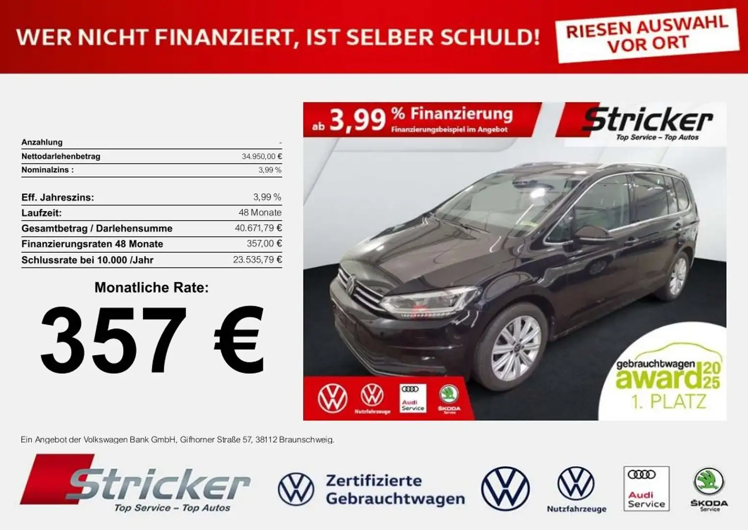 Volkswagen Touran Highline 2.0TDI DSG 357,-ohne Anzahlung AHK 7-Sit Schwarz - 2