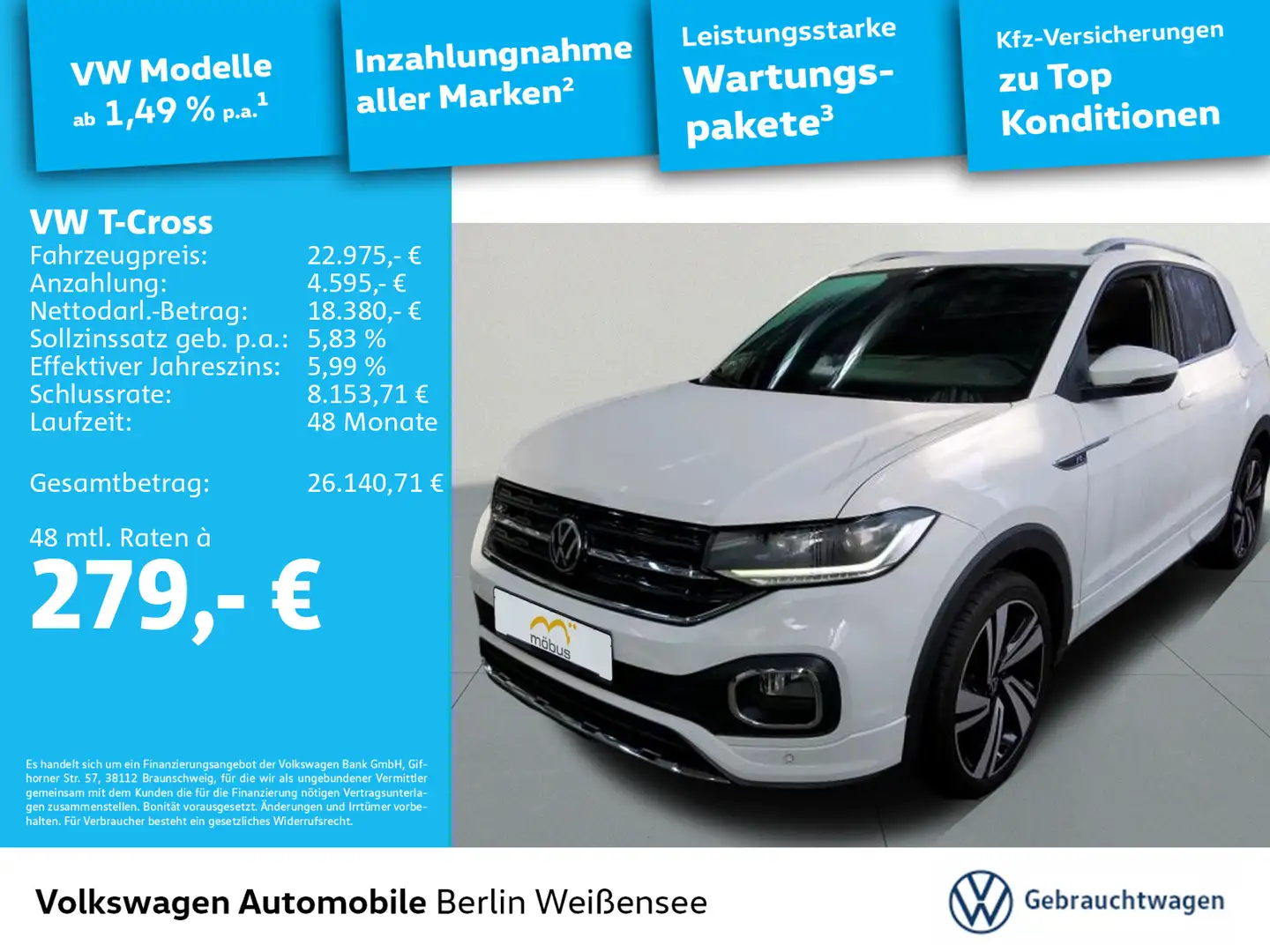 Volkswagen T-Cross 1.0 TSI R-LINE*DSG*ACC*RFK*LANE*NAV*SIDE Weiß - 1