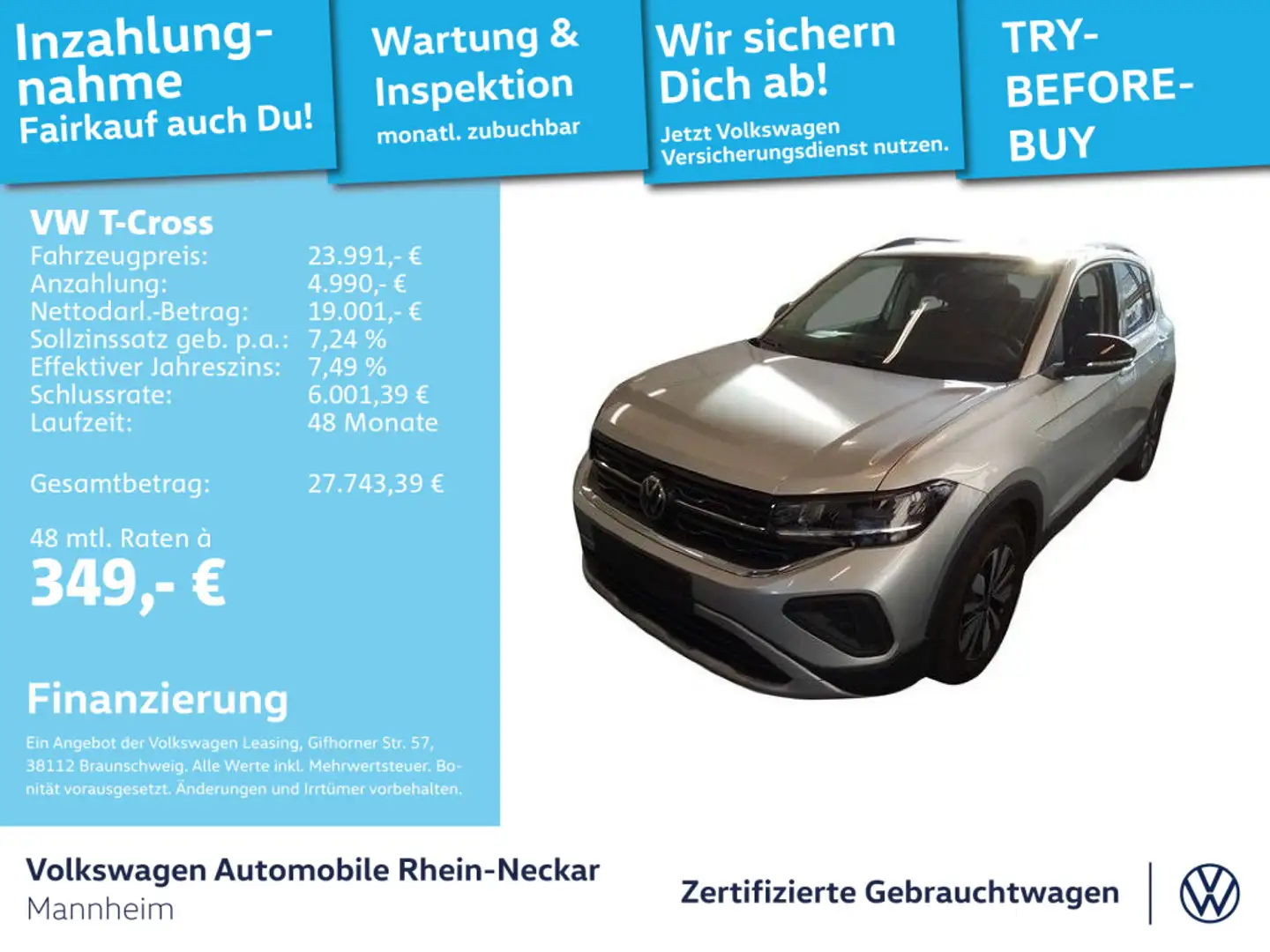 Volkswagen T-Cross 1.0 TSI GOAL DSG GAR 2029 App Connect PD Silber - 1