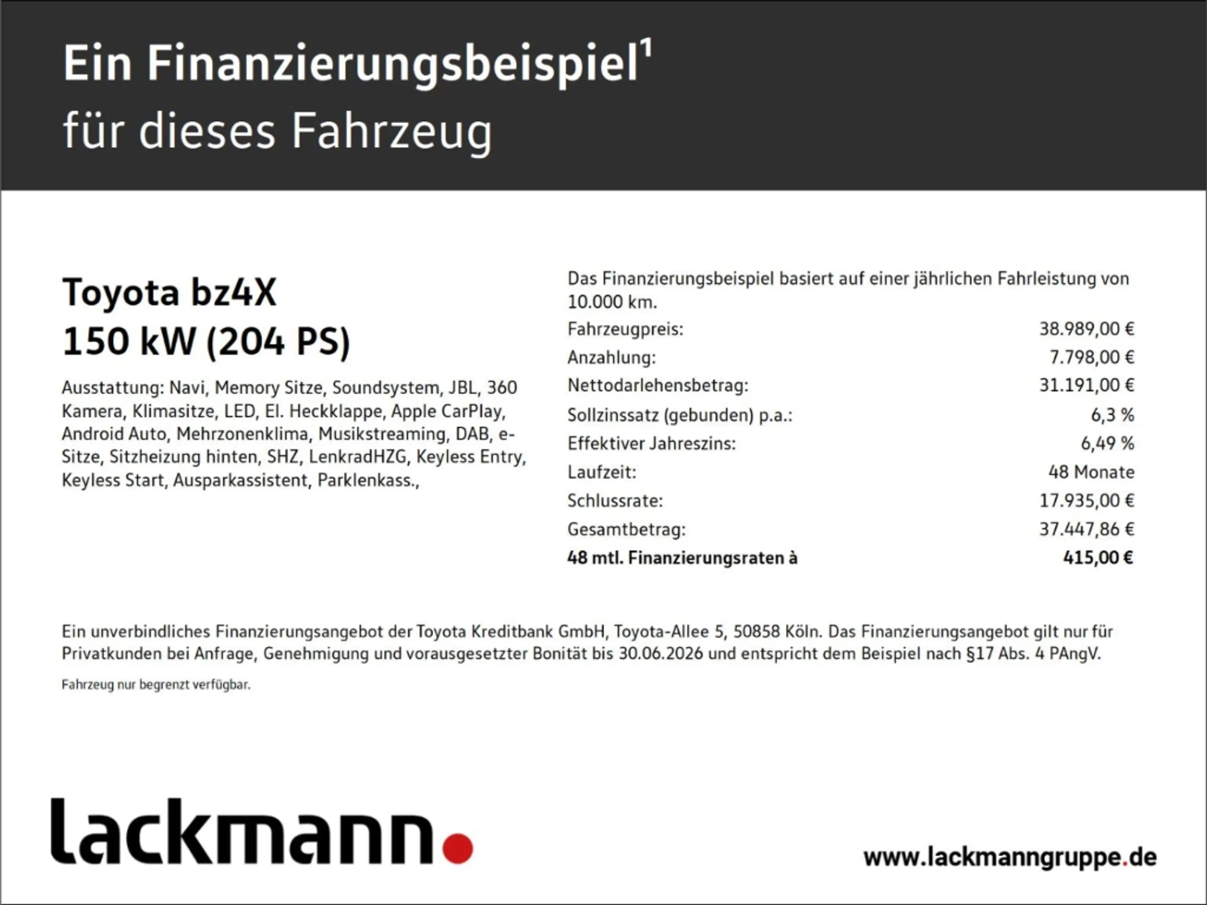 Toyota bZ4X Lounge*Sky&Sound-Paket*LED*Kamera*Memory* — photo 2