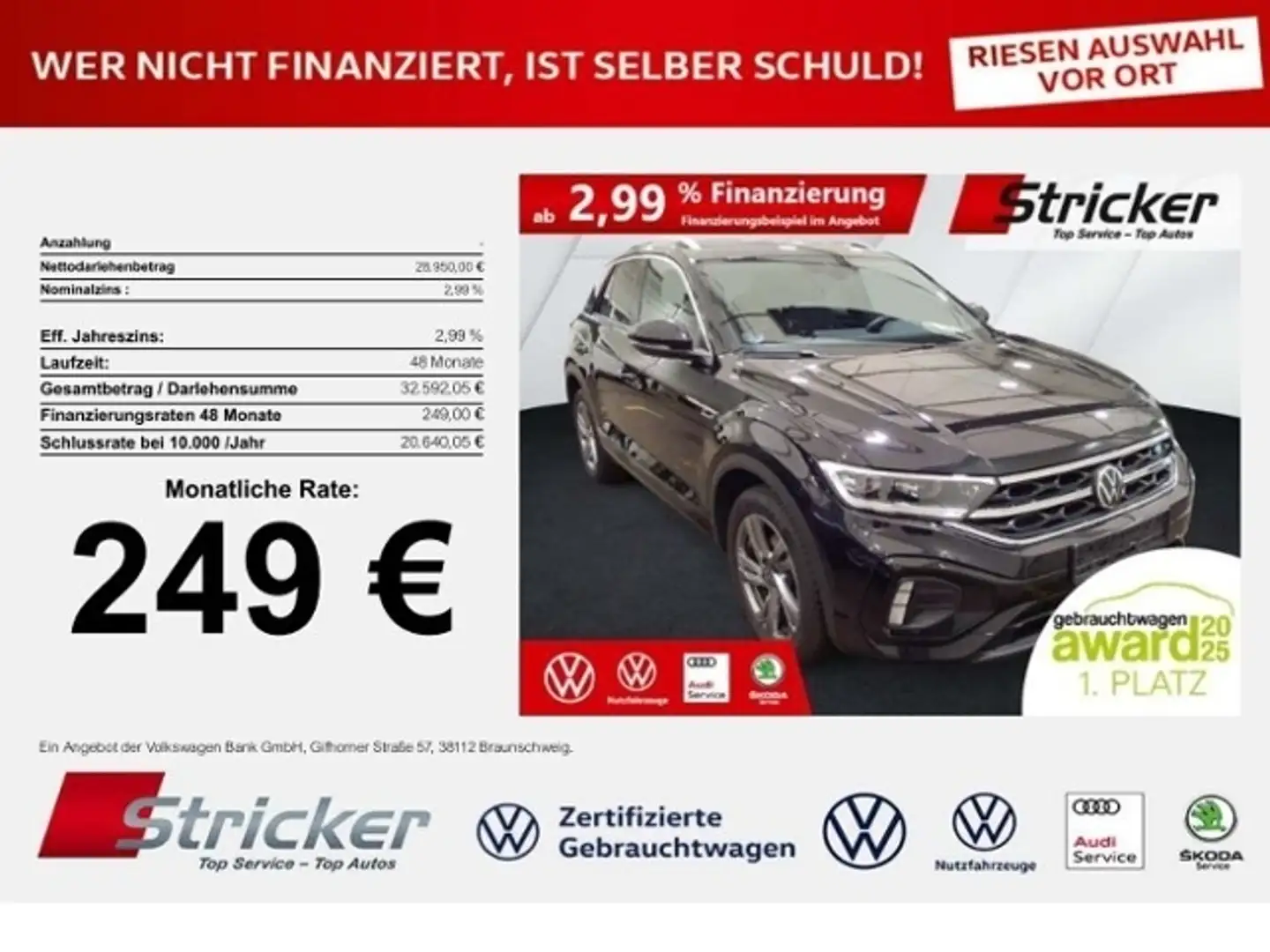 Volkswagen T-Roc R-Line 1.5 TSI DSG 249,-ohne Anzahlung Navi AHK K Schwarz - 1