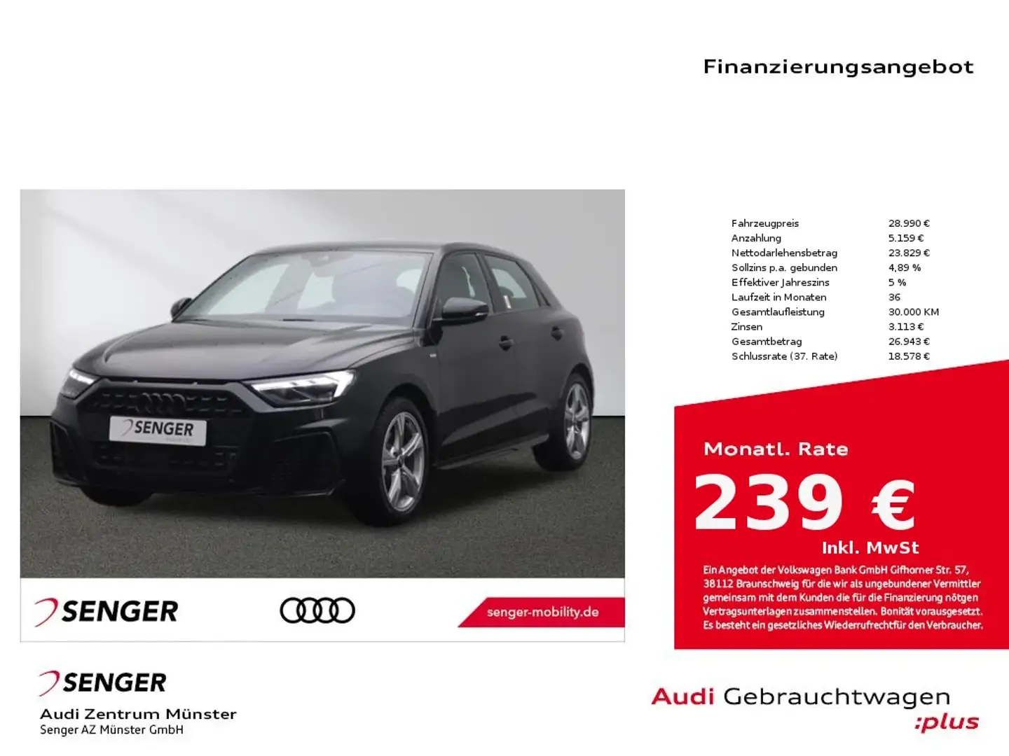 Audi A1 Sportback 30 TFSI S line Spurhalteassistent Schwarz - 1