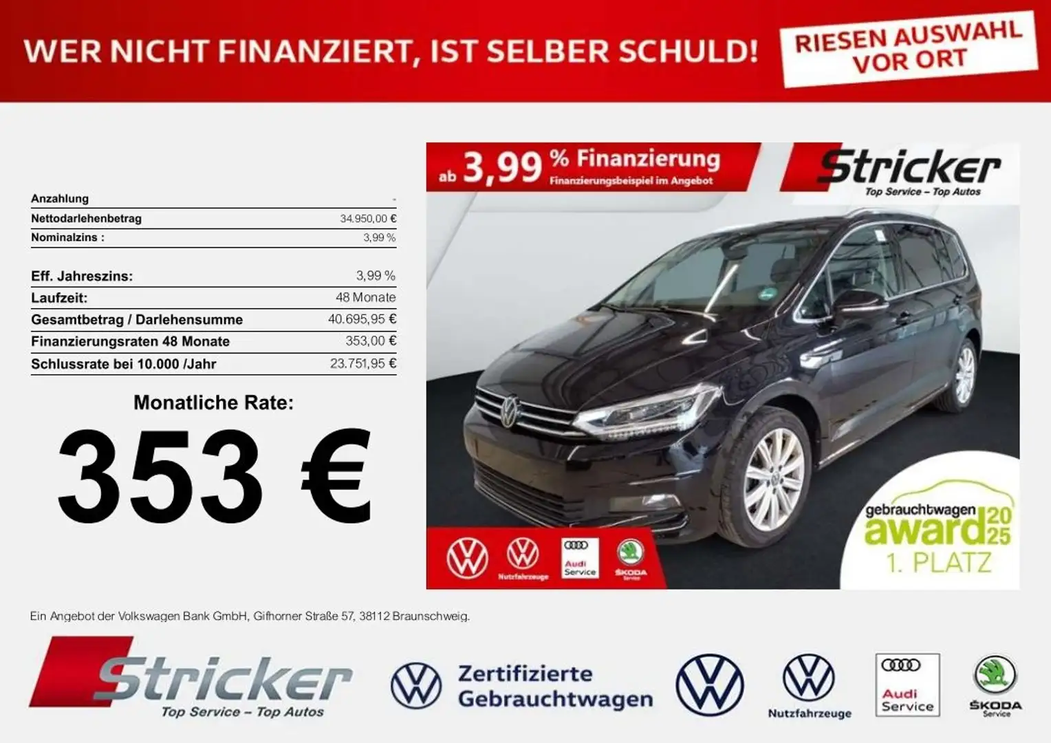 Volkswagen Touran Highline 2.0TDI DSG 353,-ohne Anzahlung AHK 7-Sit Schwarz - 1