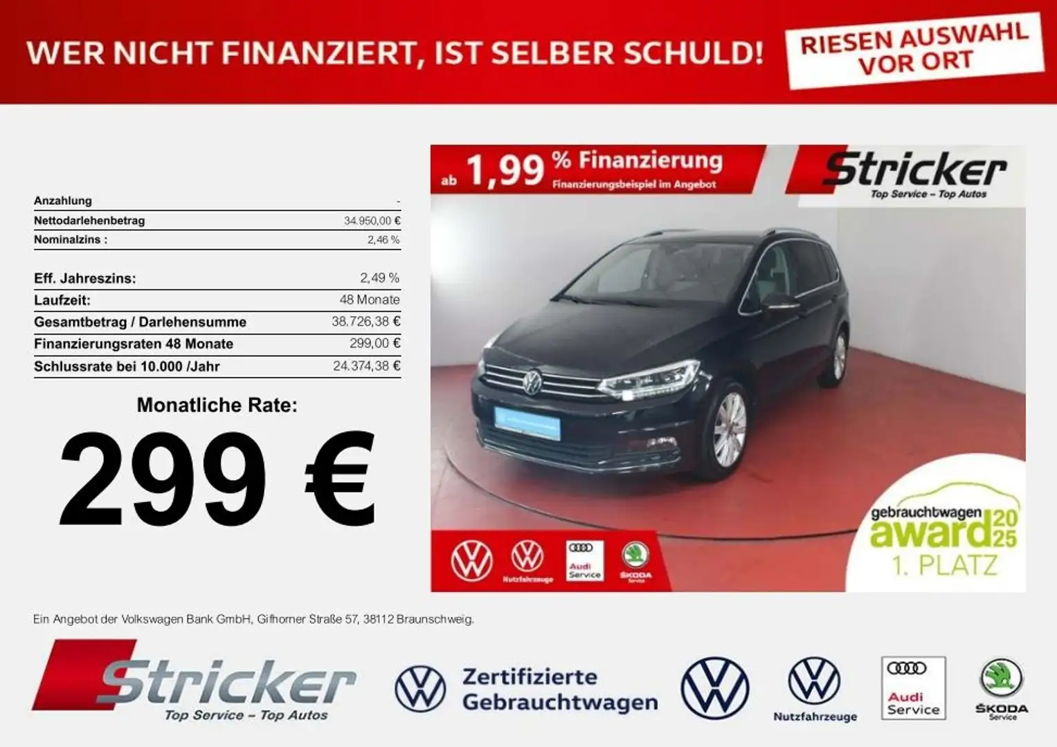 Volkswagen Touran Highline 2.0TDI DSG 299,-ohne Anzahlung AHK 7-Sit Schwarz - 1