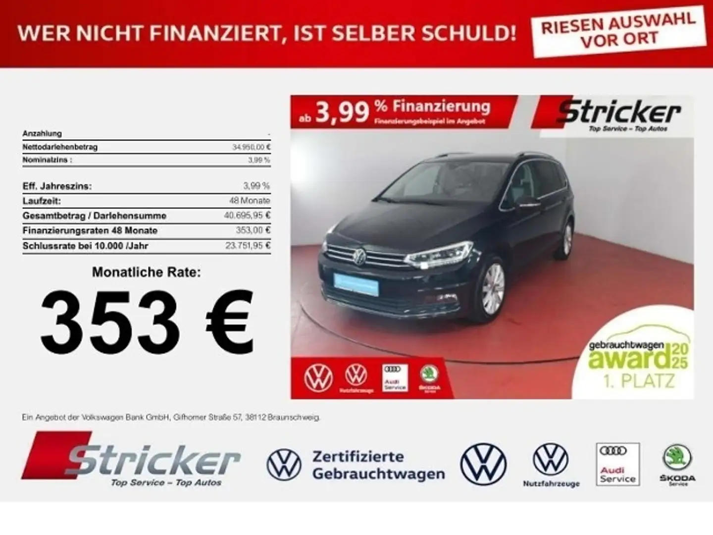 Volkswagen Touran Highline 2.0TDI DSG  353,-ohne Anzahlung AHK 7-Si Schwarz - 1