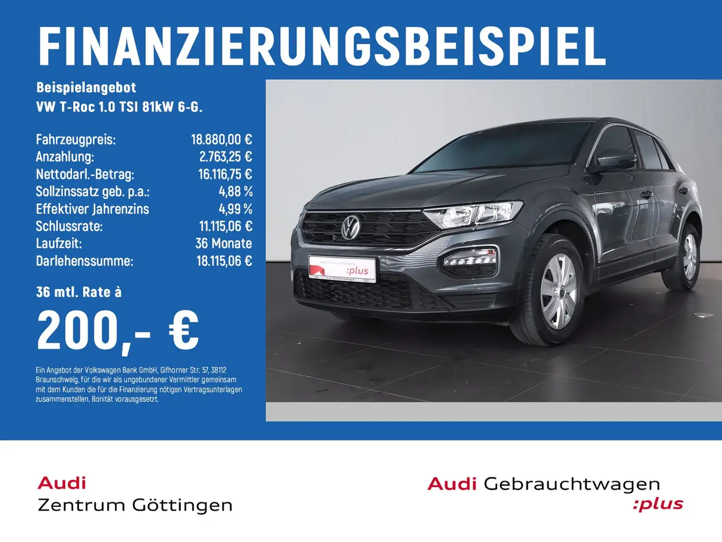 Volkswagen T-Roc 1.0 TSI 81kW 6-G. EINPARKHILFE v.+h.+KLIMA Grigio - 2