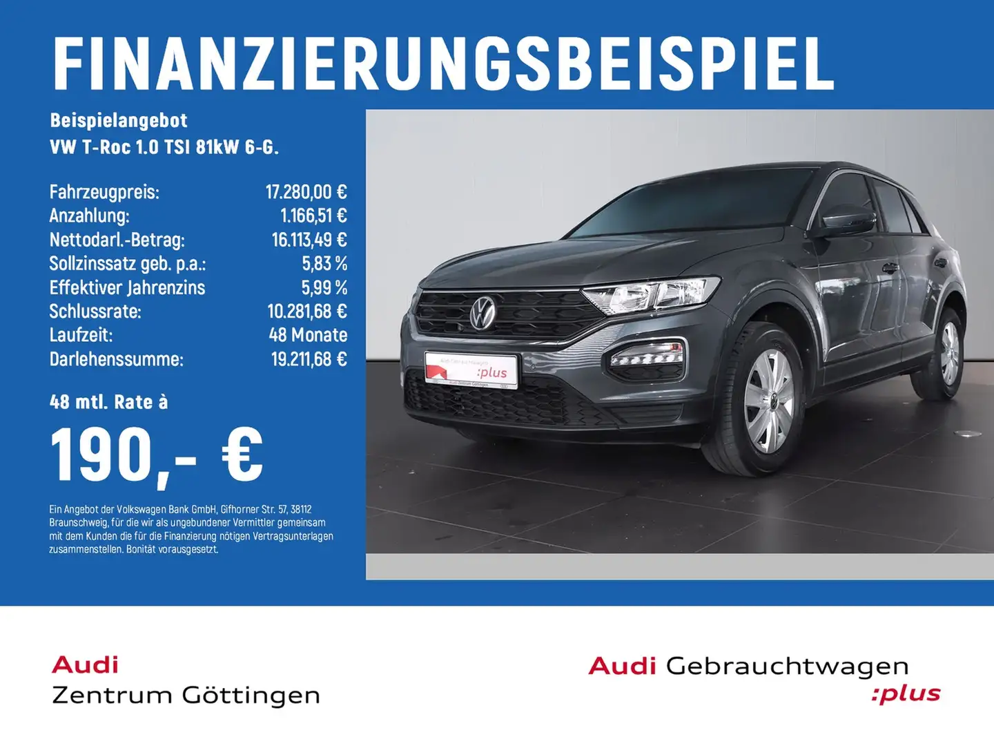 Volkswagen T-Roc 1.0 TSI 81kW 6-G. EINPARKHILFE v.+h.+KLIMA Grau - 2