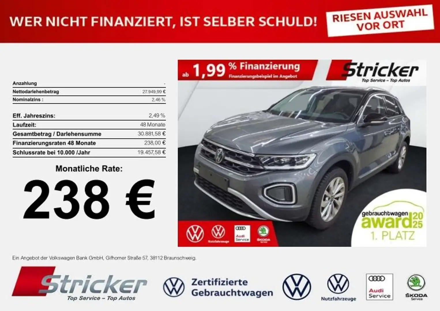 Volkswagen T-Roc Style 1.5TSI DSG 238,-ohne Anzahlung Navi AHK Grau - 1
