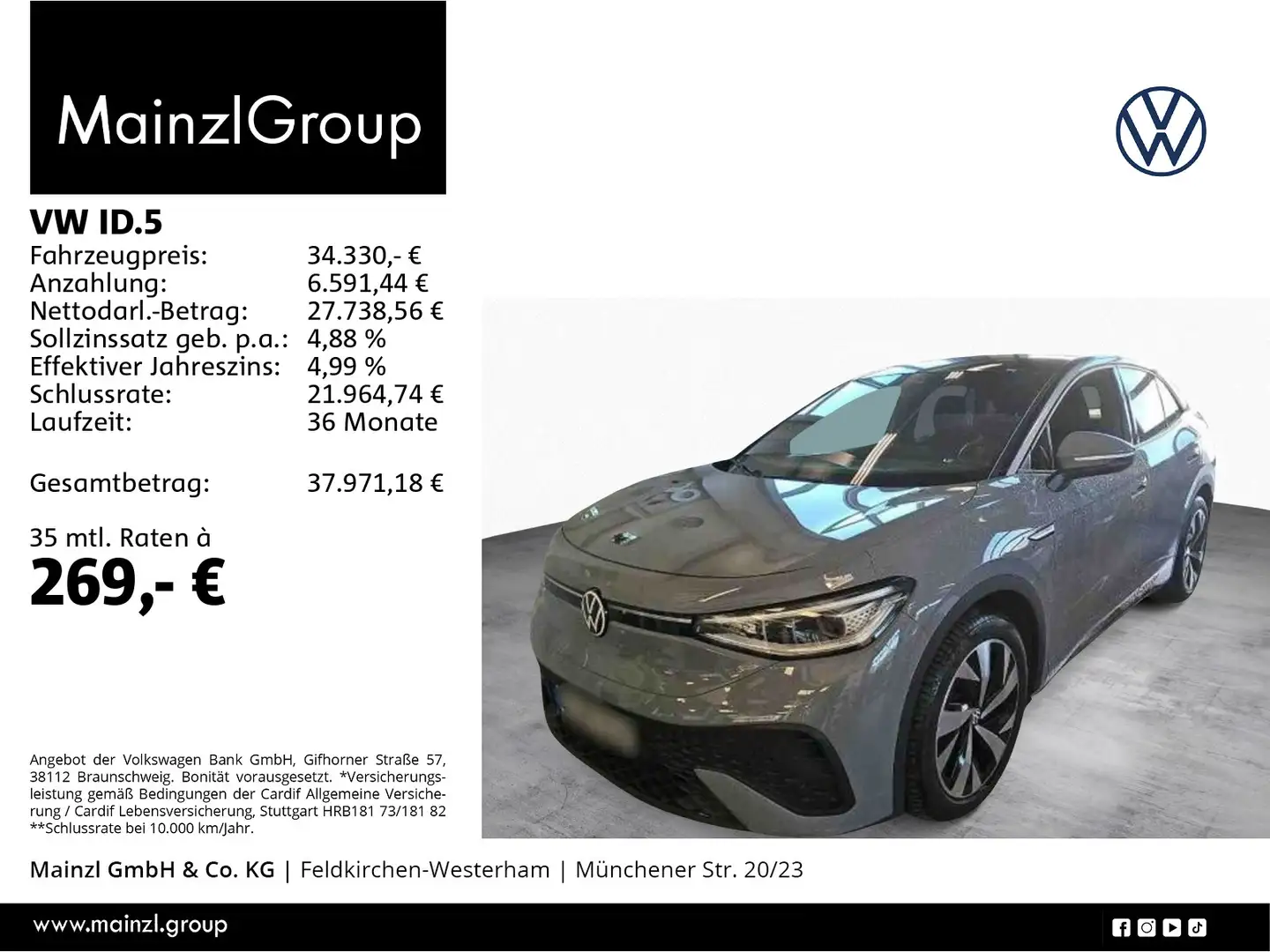 Volkswagen ID.5 Pro 77kWh (82kWh) AHK Navi 360° Matrix ACC Grau - 1