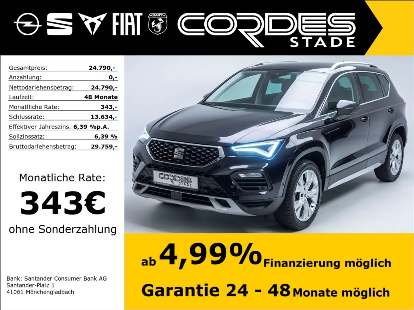 SEAT Ateca Xperience DSG,TSI, ACC, PDC, LHZ, SHZ, Navi(175) Zwart - 1