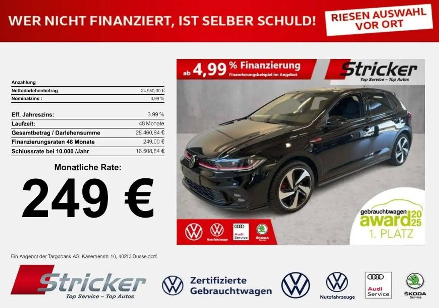 Volkswagen Polo GTI 2.0TSI DSG 249,-ohne Anzahlung ACC App-Connec Schwarz - 1