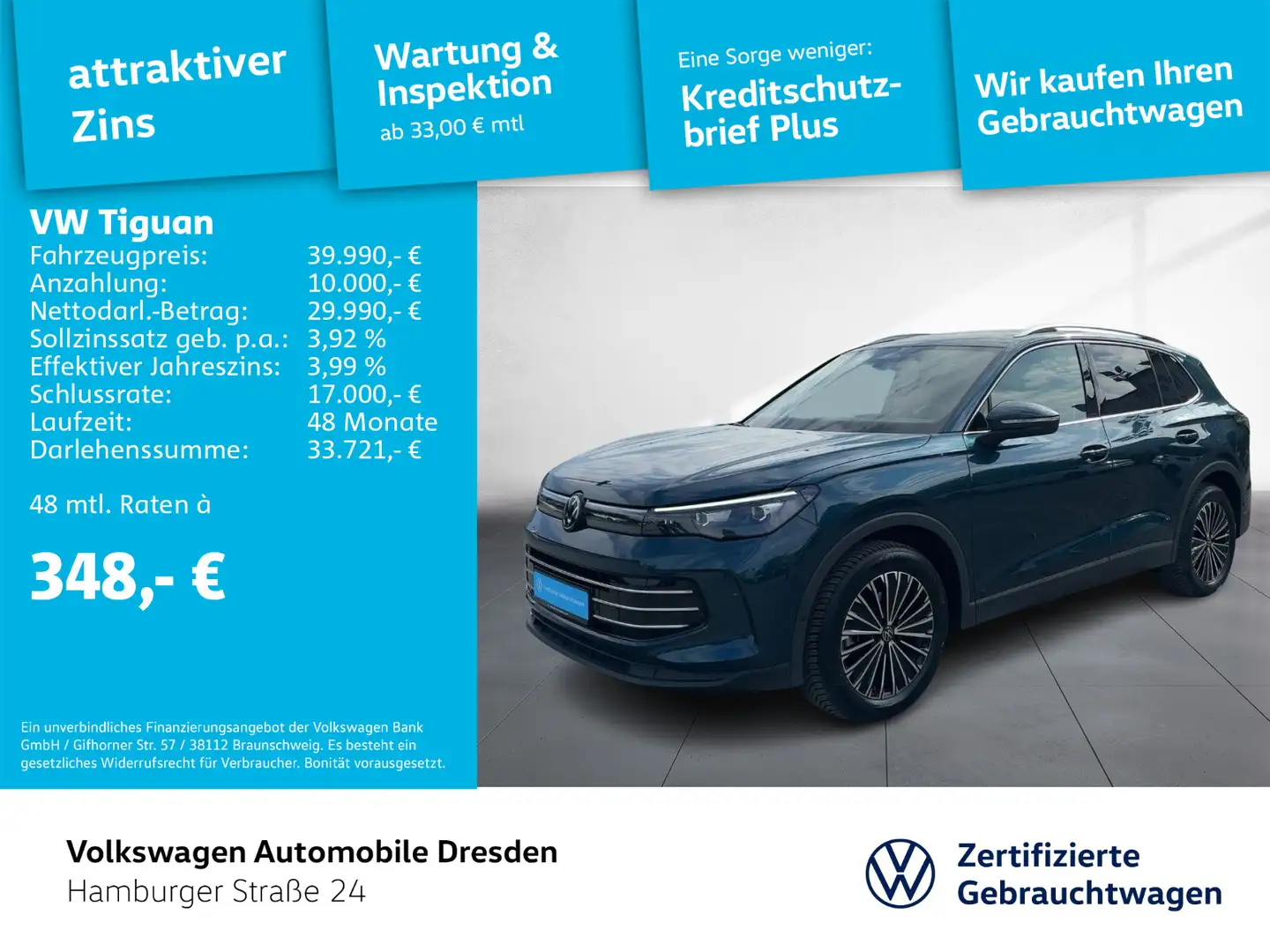Volkswagen Tiguan Elegance 1.5 eTSI DSG LED AHK KAM KESSY Blau - 1