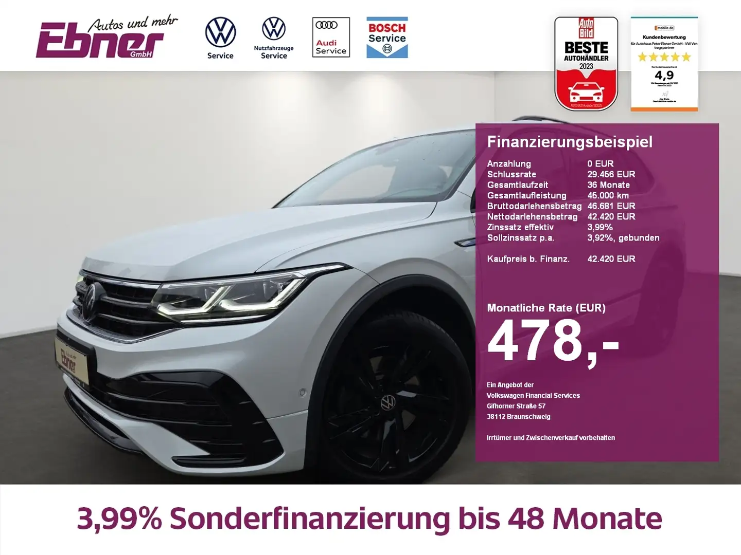 Volkswagen Tiguan Allspace R-LINE BLACK STYLE 200PS TDI 4M DSG PANO+STANDHZG+ Weiß - 1