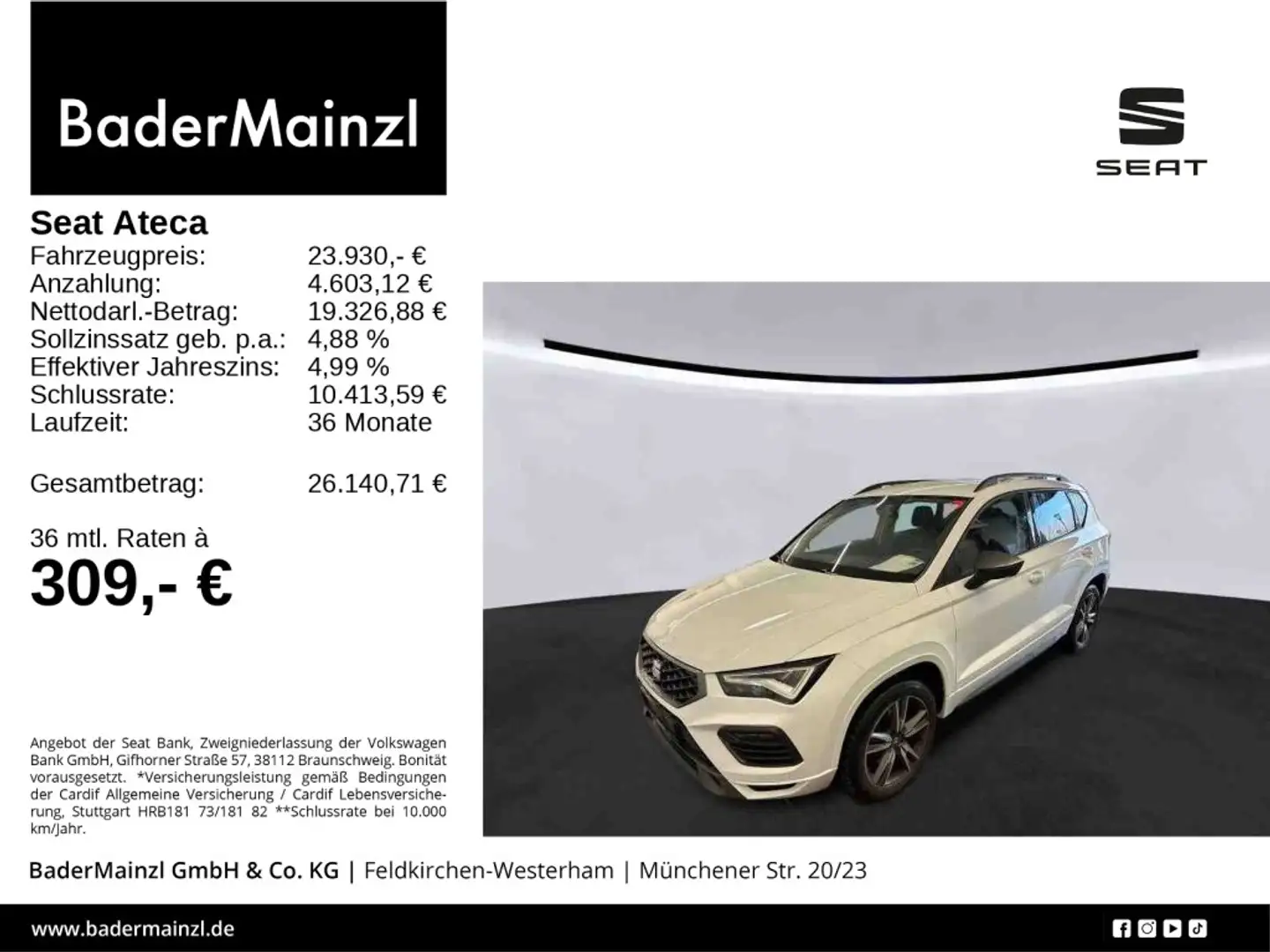 SEAT Ateca 2.0 TDI FR AHK Kamera Navi LED SHZ Carplay Weiß - 1