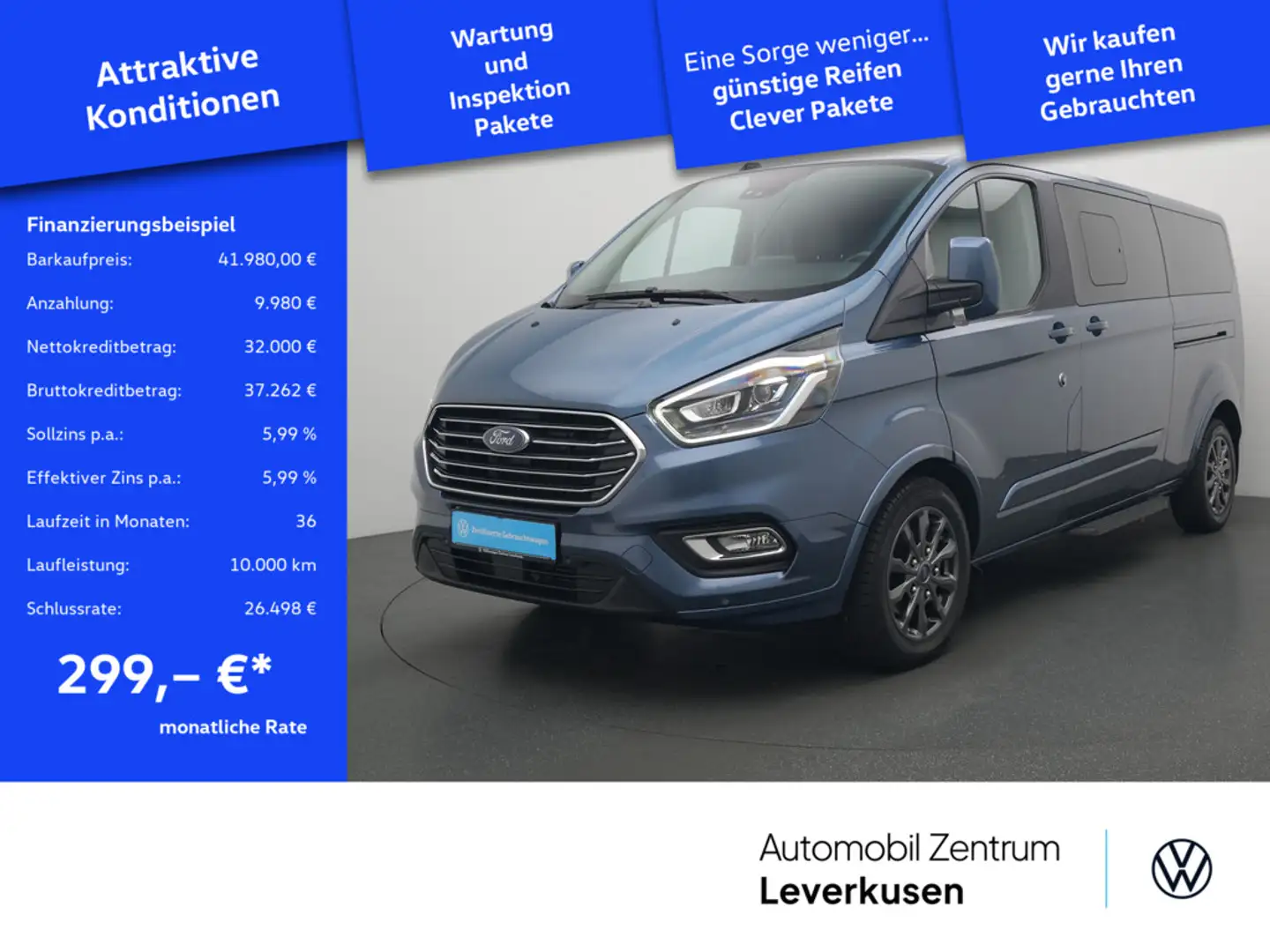 Ford Tourneo Custom 320 L2 8-SITZER LEDER ACC AHK Blau - 1