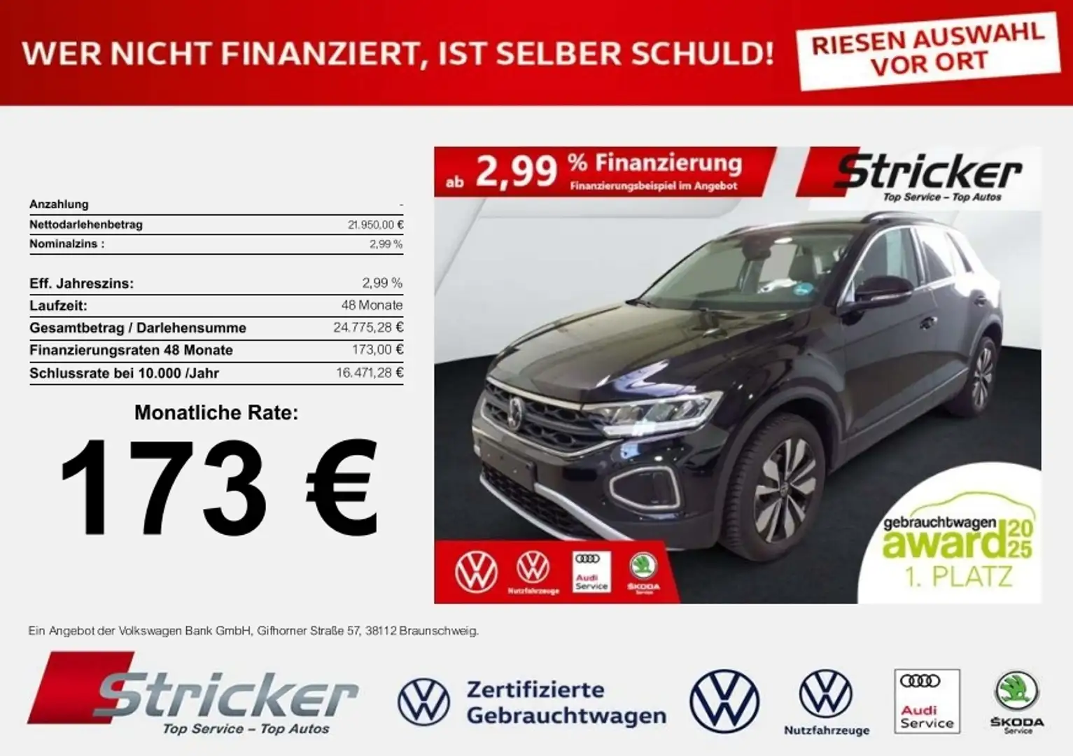 Volkswagen T-Roc Goal 1.0 TSI 173,-ohne Anzahlung Navi Travel Schwarz - 1