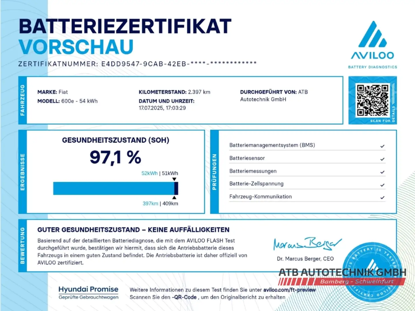 Fiat 600 54kWh Red SOH 97,1% LED Apple CarPlay Klimaautom D Rot - 2