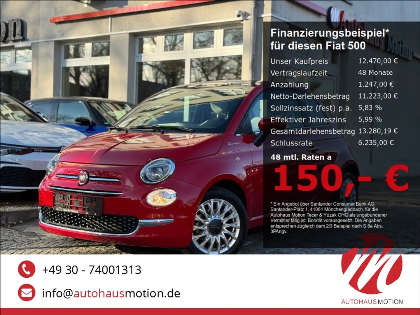 Fiat 500 DolceVita Panorama Apple CarPlay Klima Temp eFH Rouge - 1