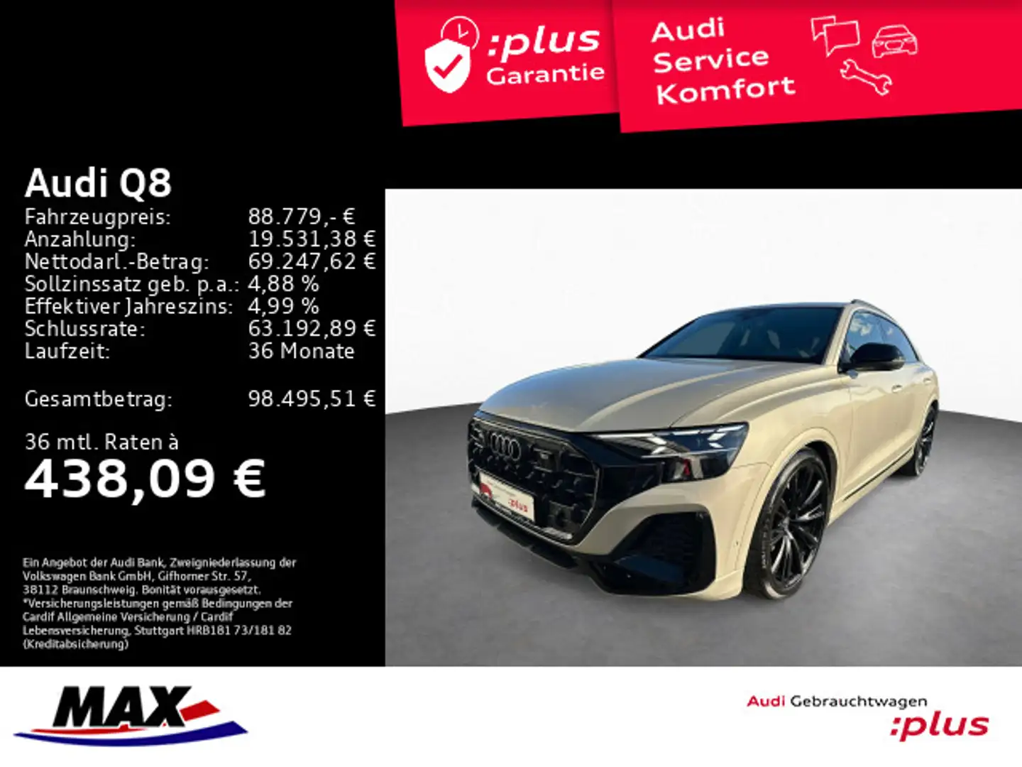 Audi Q8 50 TDI QUATT MATRIX+PANO+AHK+RAUTE+LUFT+360°+ Beige - 1