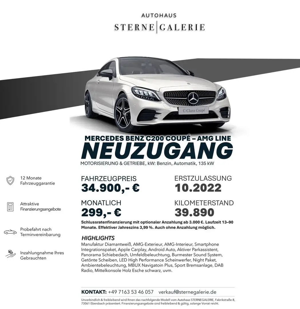 Mercedes-Benz C 200 AMG-LINE/DIAMANT/BURMSTER/PANO/MBUX LED Blanc - 1