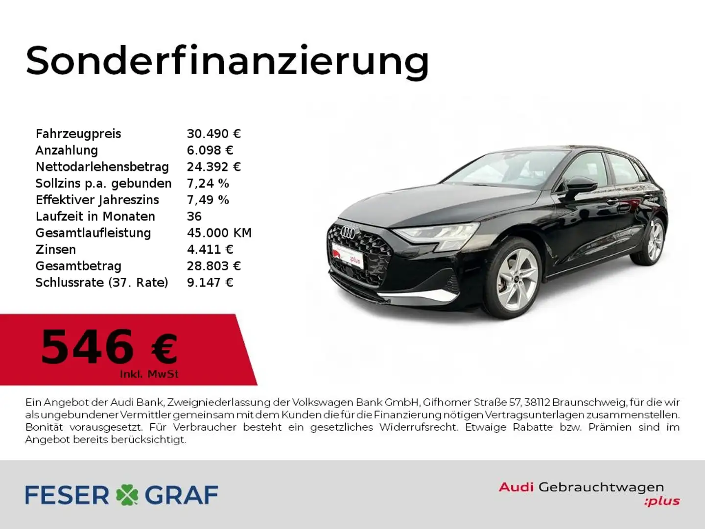 Audi A3 Advanced 30 TDI Navi+/SHZ/AHK/PDC+ Schwarz - 1