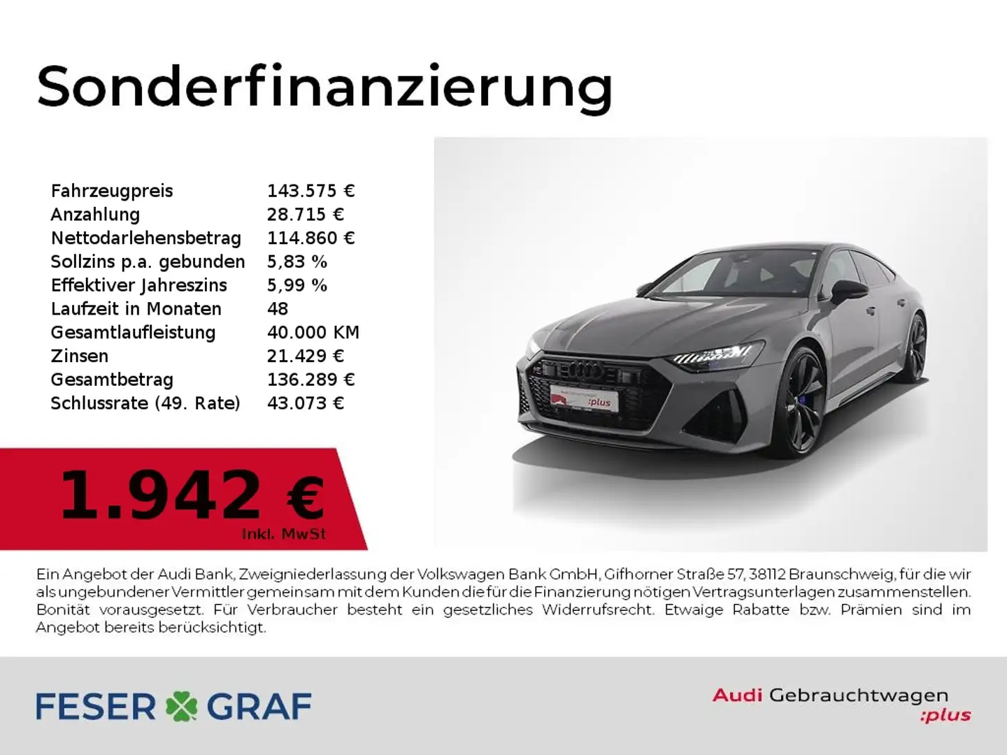 Audi RS7 Sportback tiptronic Nachtradar ACC 4xSHZ 22" Gri - 1