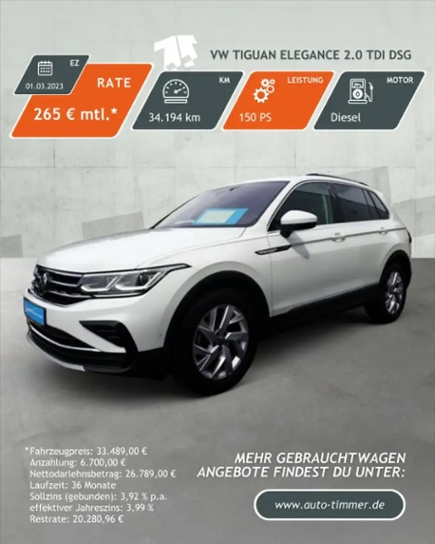 Volkswagen Tiguan 2.0 TDI DSG ELEGANCE *IQ.LIGHT *ACC *APP *RKAM *N Weiß - 2