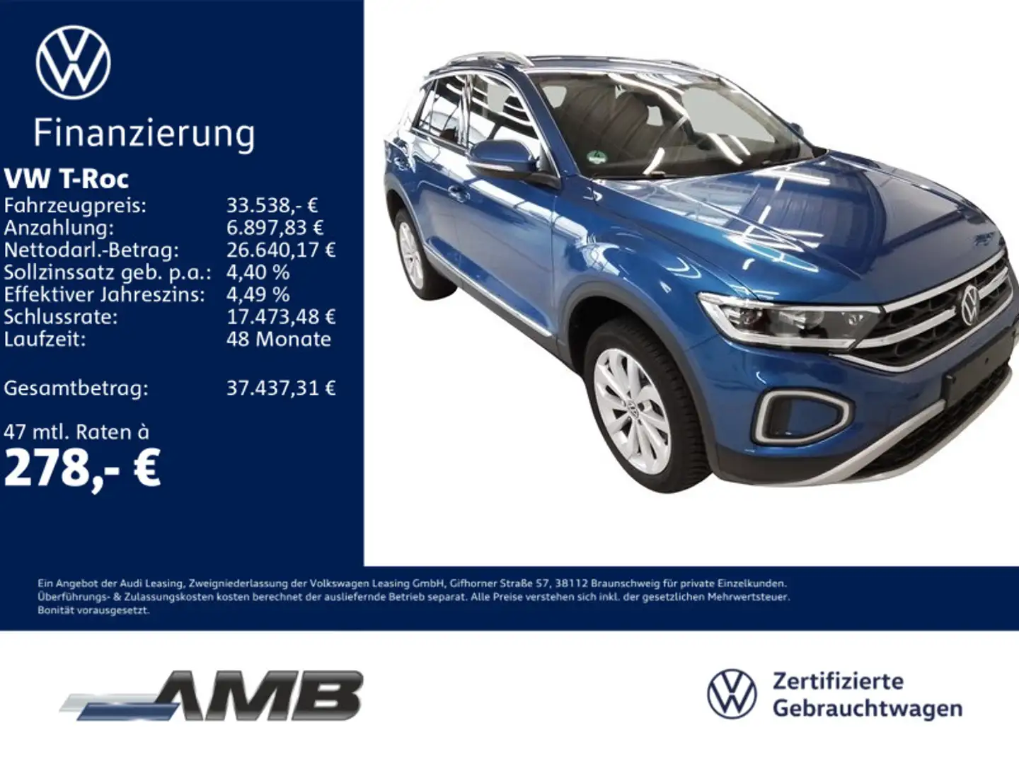 Volkswagen T-Roc Style 2.0 TDI DSG/AHK/Standhzg/RFK/07.29Ga Blau - 1