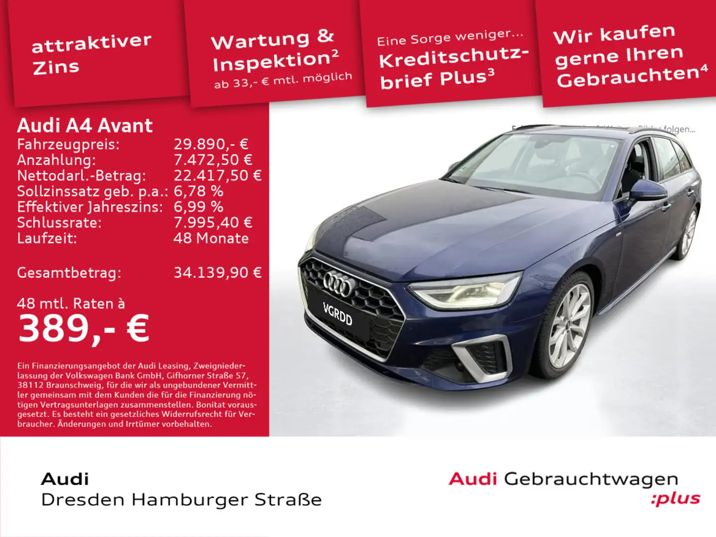 Audi A4 S line 40 TFSI S tronic Business Paket Blau - 1