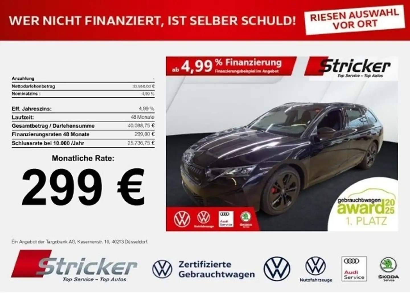 Skoda Octavia RS Combi 2.0TSI 299,-ohne Anzahlung Navi AHK Schwarz - 1