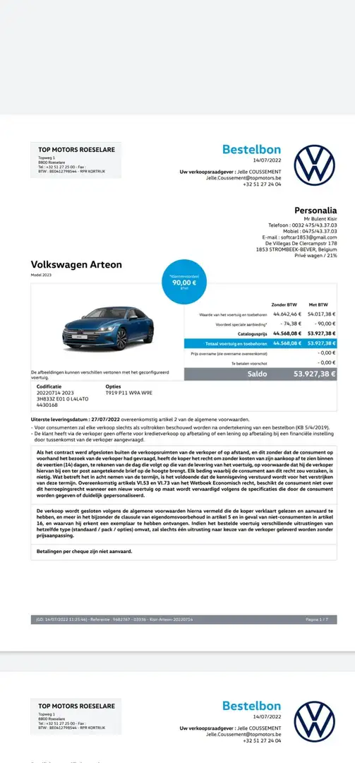 Volkswagen Arteon ‼️ARTEON 1PRE FUL AUTOMATIQUE CUIR GPS 23.000km‼️ Blauw - 2
