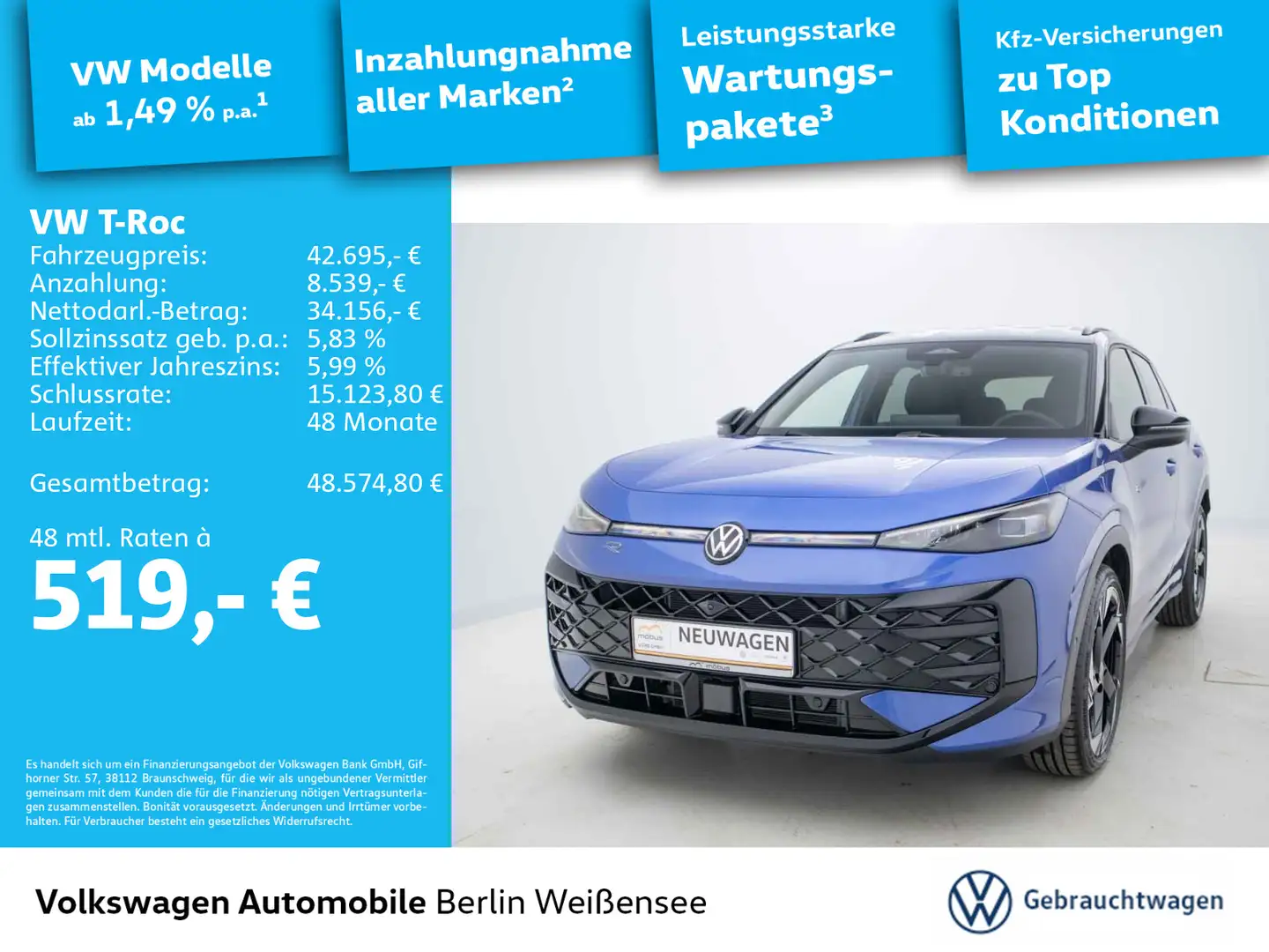 Volkswagen T-Roc R-Line 1.5 eTSI DSG*360°*IQ.Lights*NAV*ACC Blau - 1