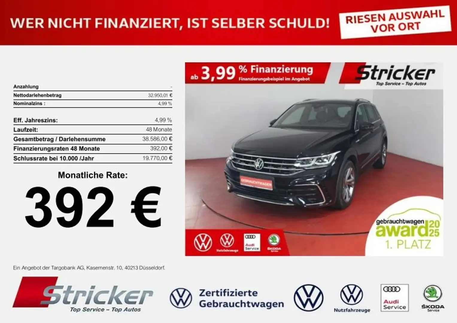 Volkswagen Tiguan R-Line 2.0TSI 4M DSG 392,-ohne Anzahlung Kamera A Schwarz - 1