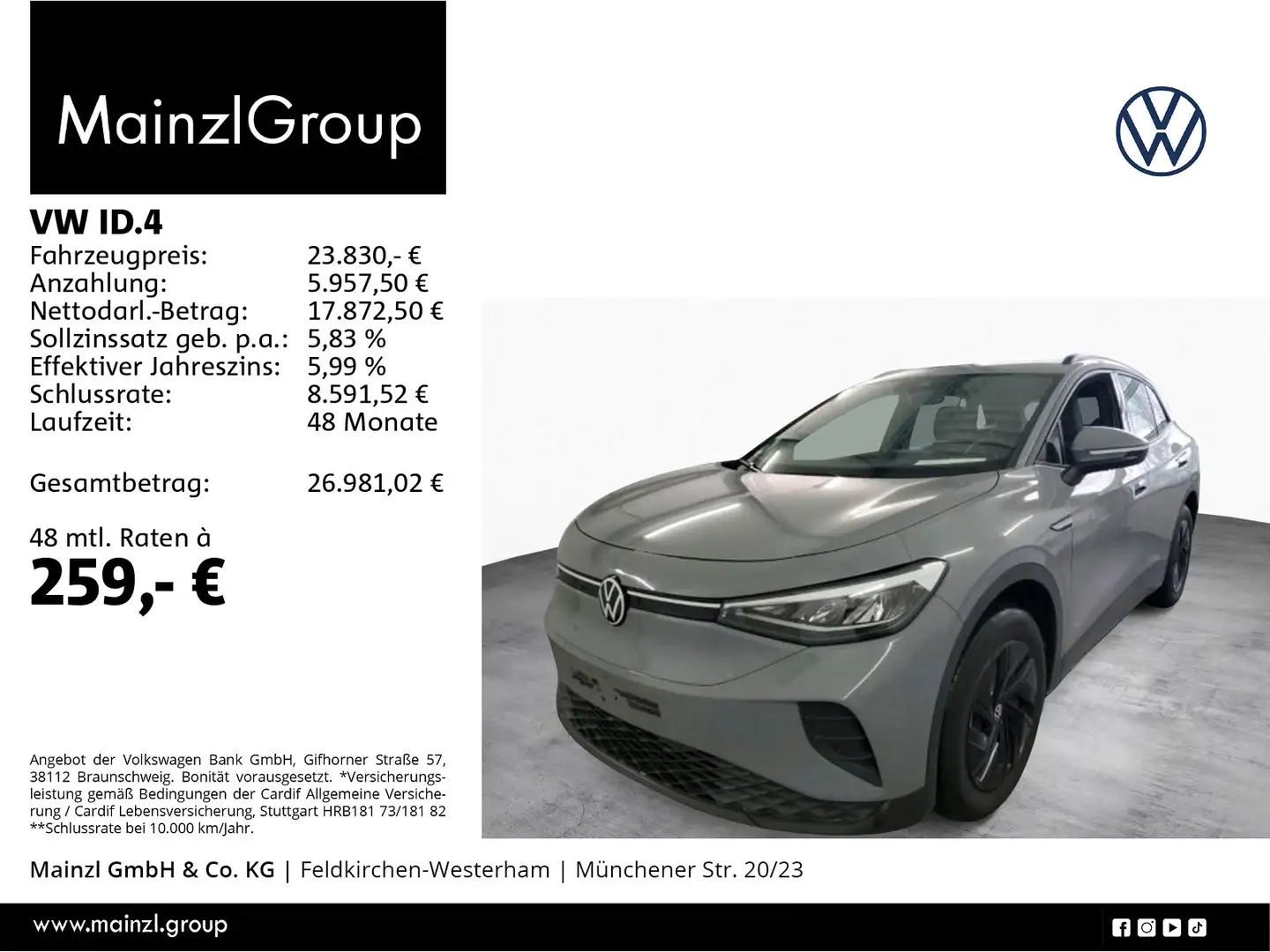 Volkswagen ID.4 Pure 52 kWh (55 kWh) ACC Carplay 2xPDC AAC Grau - 1