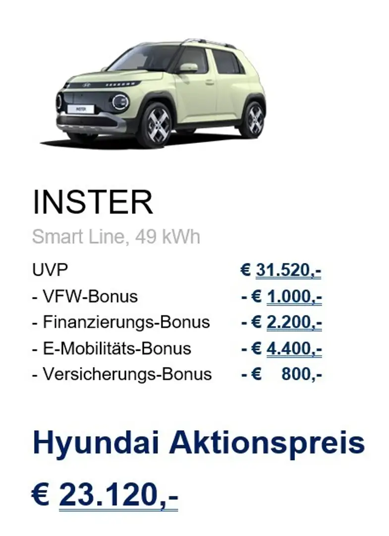 Hyundai Inster Smartline 49 kWh / 23.120,- bei Leasing und Ver... Grün - 1