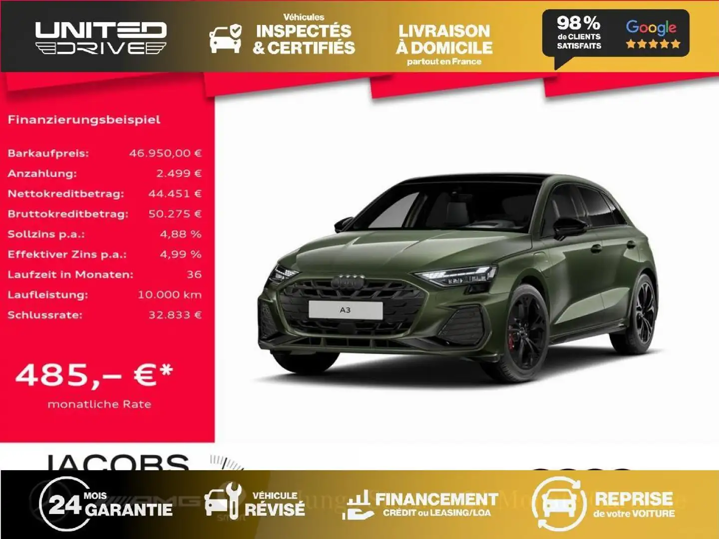 Audi A3 Sportback 1.5 45 TFSI e - 272 - BV S-Tronic 6 8Y SPORTBACK S line PHASE 2 Vert - 1