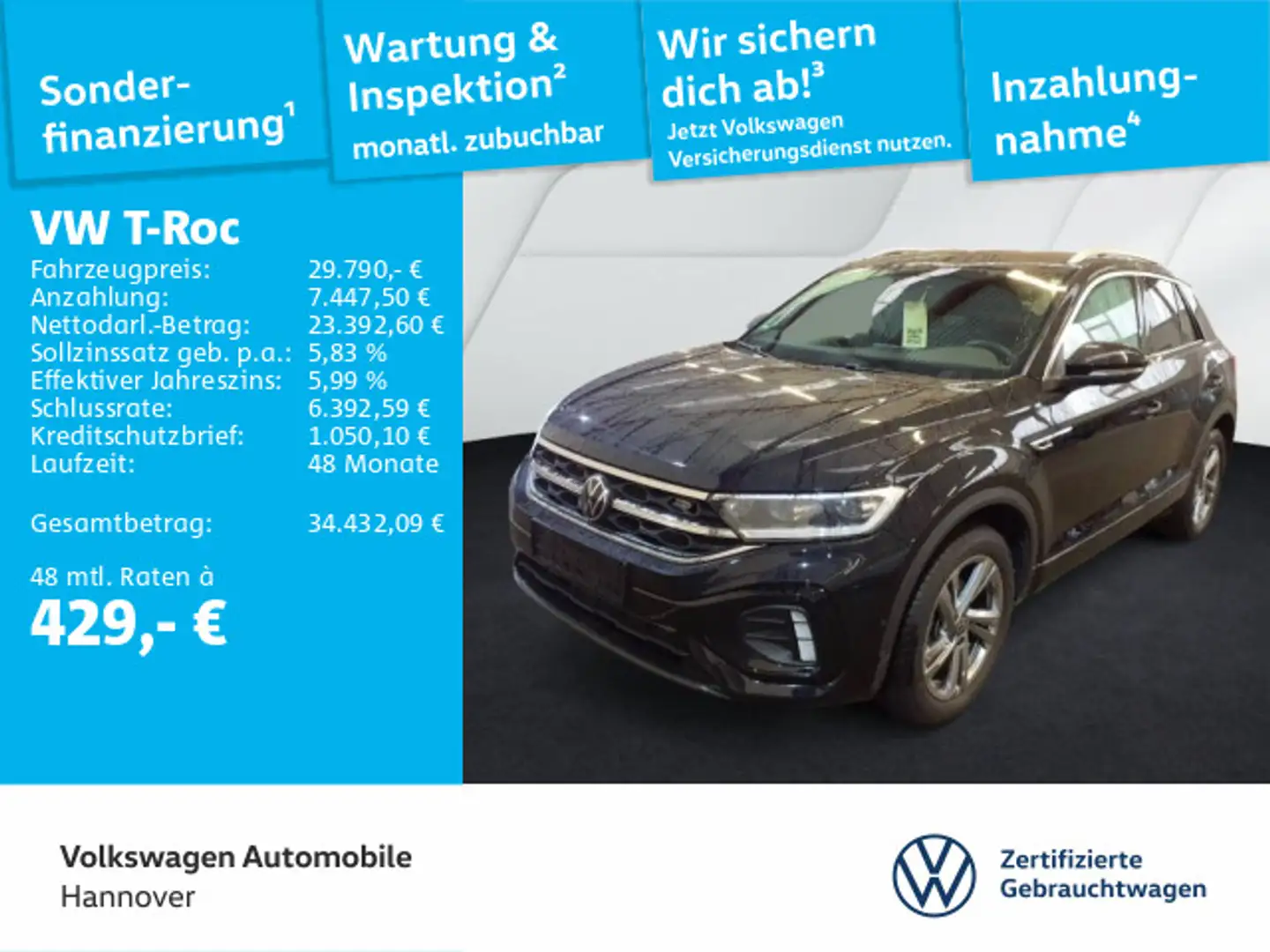 Volkswagen T-Roc 1.5 TSI DSG R-Line Navi AHK Kamera ACC LED Schwarz - 1