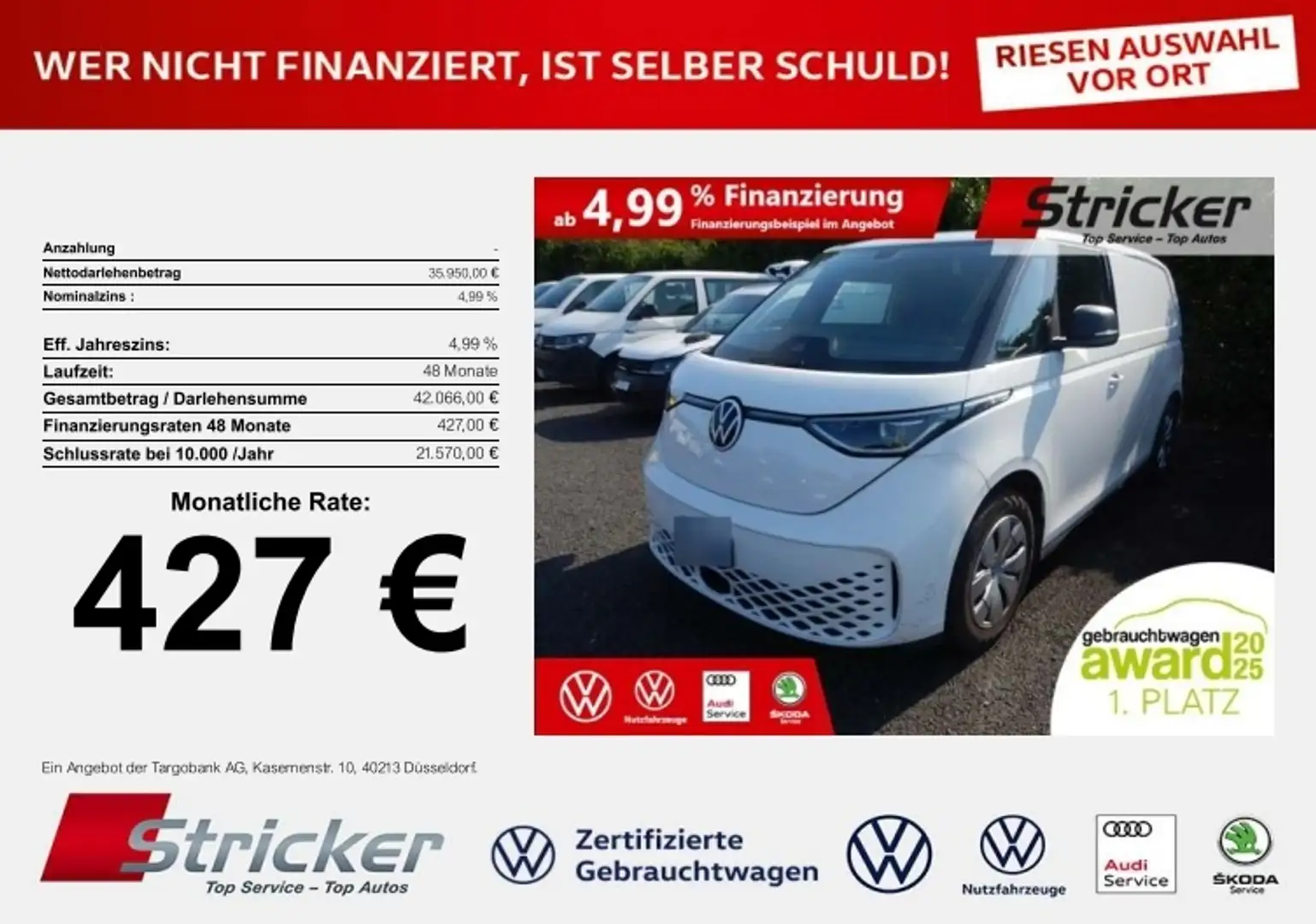 Volkswagen ID. Buzz Cargo kurzer Radstand 150/77 427,-ohne Anzahlung Weiß - 1