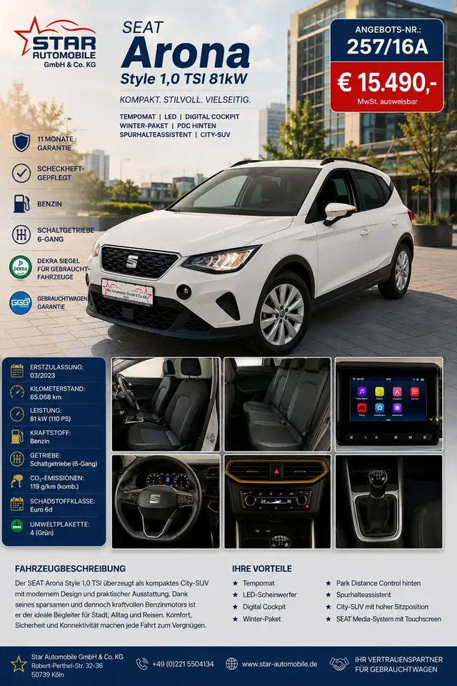 SEAT Arona Style 1,0 TSI 81kW CarPlay NAVI TEMP SITZH LED EU6, миниатюра 2