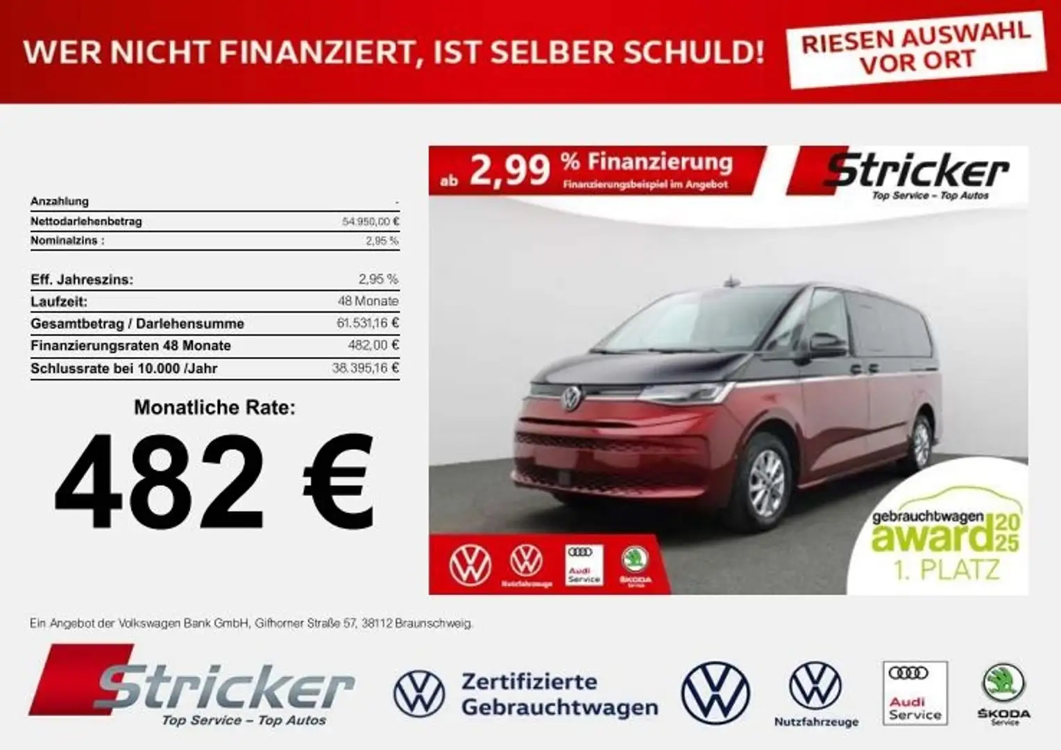 Volkswagen T7 Multivan Life lang 2.0 TDI DSG 482,-ohne Anzahlung Head-up Rojo - 1