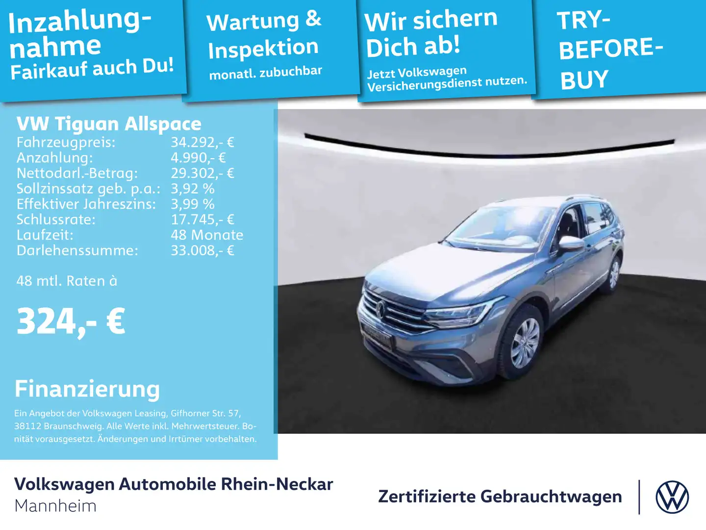 Volkswagen Tiguan Allspace 2.0 TDI Life 4Motion DSG AHK Nav Grau - 1